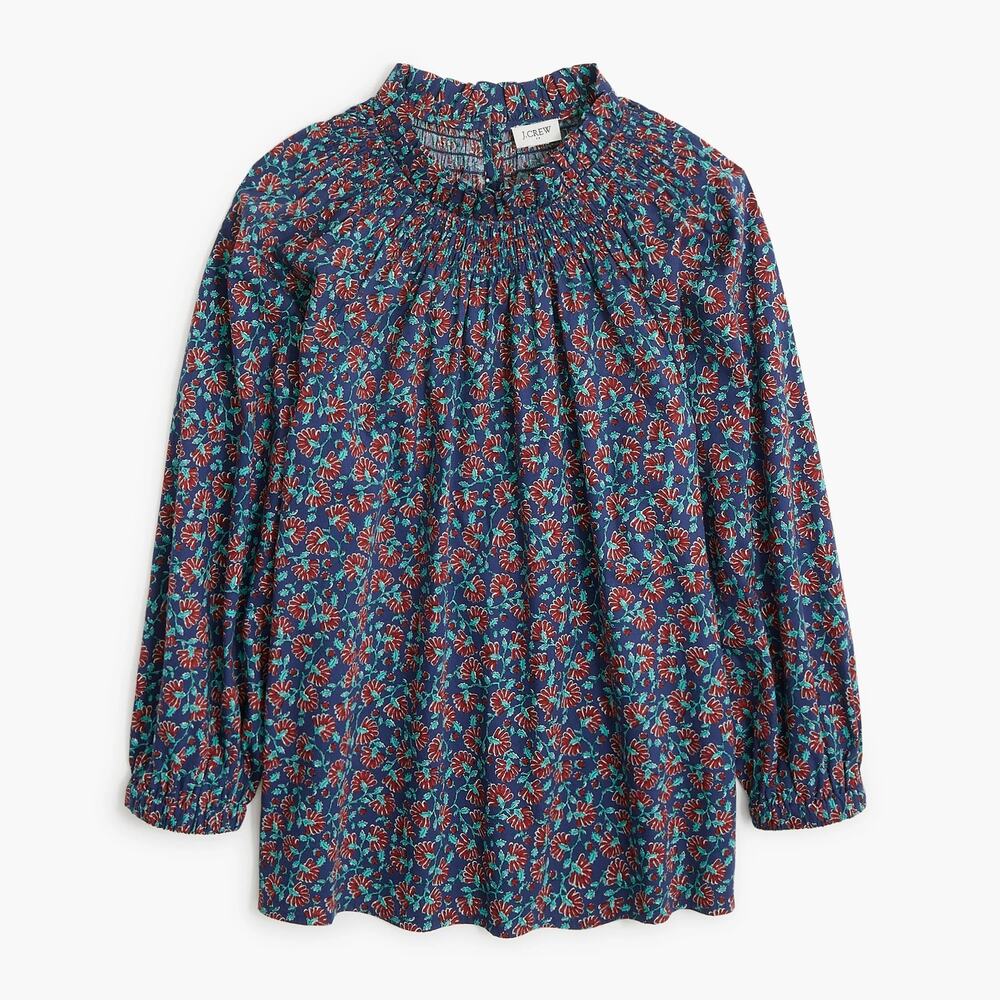 J. Crew Smocked Neck Long Sleeve Floral Blouse Top Blue Purple Small